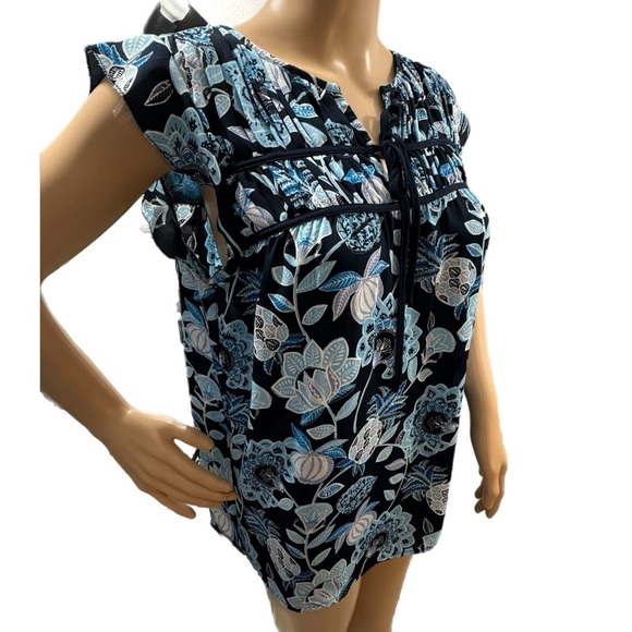 LOFT Floral Boho Peasant Blouse Short Sleeve Womens Sz Small Coastal Blue Multi - Picture 4 of 9